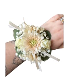 Champagne Elegance Prom Wristlet. An arrangement by In Bloom.