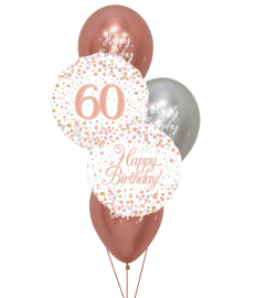 60th Sparkling Fizz Rose Gold Happy Birthday Balloon Bouquet. An arrangement by Balloon Bouquets Plus. 60th Sparkling Fizz Rose Gold Happy Birthday Balloon Bouquet. An arrangement by Balloon Bouquets Plus.