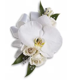 White Orchid and Rose Corsage. An arrangement by Ada's Flowers.