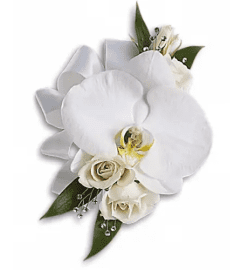 White Orchid and Rose Corsage. An arrangement by Very's Flowers.