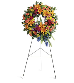 Colorful Serenity Wreath. An arrangement by Fendley Florists. Colorful Serenity Wreath. An arrangement by Fendley Florists.