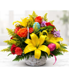 Easter Basket Bouquet. An arrangement by Fink Flowers Gifts and Flower Delivery.