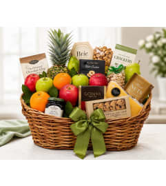 Fruit and Goodie Basket. An arrangement by Fink Flowers Gifts and Flower Delivery.