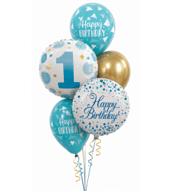 Age 1 Blue Dot Sparkling Fizz Happy Birthday Classic Balloon Bouq. An arrangement by Balloon Bouquets Plus. Age 1 Blue Dot Sparkling Fizz Happy Birthday Classic Balloon Bouq. An arrangement by Balloon Bouquets Plus.