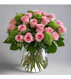 Pink Roses and Green Balls. An arrangement by Brickell Glamour Flowers.