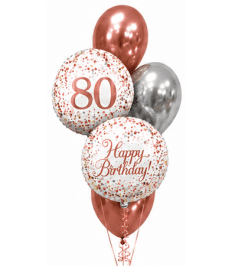 Sparkling Fizz 80th Rose Gold Birthday Classic Balloon Bouquet. An arrangement by Balloon Bouquets Plus. Sparkling Fizz 80th Rose Gold Birthday Classic Balloon Bouquet. An arrangement by Balloon Bouquets Plus.