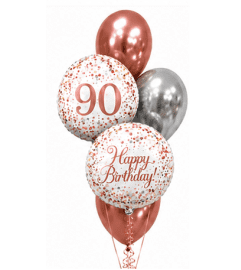 Sparkling Fizz 90th Rose Gold Birthday Classic Balloon Bouquet. An arrangement by Balloon Bouquets Plus. Sparkling Fizz 90th Rose Gold Birthday Classic Balloon Bouquet. An arrangement by Balloon Bouquets Plus.