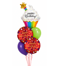 Happy Birthday Rainbow Cupcake Party Cheerful Balloon Bouquet. An arrangement by Balloon Bouquets Plus.