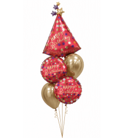 Red Satin Party Hat Happy Birthday Cheerful Balloon Bouquet. An arrangement by Balloon Bouquets Plus. Red Satin Party Hat Happy Birthday Cheerful Balloon Bouquet. An arrangement by Balloon Bouquets Plus.