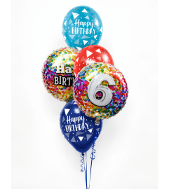 6th Birthday Rainbow Confetti Classic Balloon Bouquet. An arrangement by Balloon Bouquets Plus. 6th Birthday Rainbow Confetti Classic Balloon Bouquet. An arrangement by Balloon Bouquets Plus.