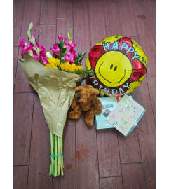 SUNFLOWER AND GLAD BOUQUET GIFT PACKAGE. An arrangement by KW Flowers.