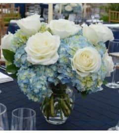 BLUE HYDRANGEA and WHITE ROSES. An arrangement by Flowers by Priscilla. BLUE HYDRANGEA and WHITE ROSES. An arrangement by Flowers by Priscilla.