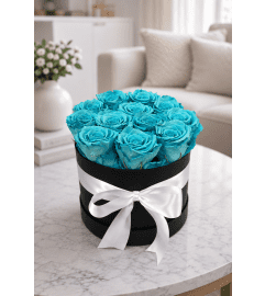 Forever Azure — Large Preserved Rose Hat Box. An arrangement by Lori's Hearts and Flowers.
