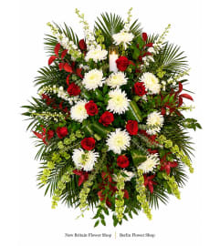 Light of Remembrance Standing Spray. An arrangement by New Britain Flower Shop.
