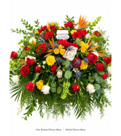 Celebration of Life Casket Spray. An arrangement by New Britain Flower Shop. Celebration of Life Casket Spray. An arrangement by New Britain Flower Shop.