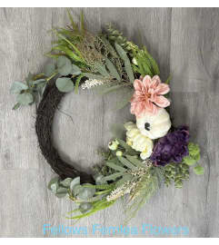 Autumn Wreath with Blush, Cream and Plum accents-Faux. An arrangement by Fellows Fernlea Flowers.