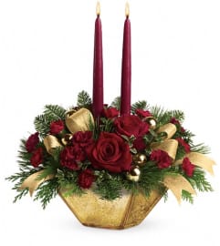 Teleflora's Crimson and Gold Centerpiece. An arrangement by Pompano Beach Floral.