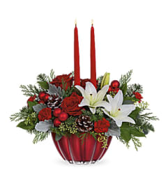 Teleflora's Joyous Christmas Centerpiece. An arrangement by Margaret's Florist.