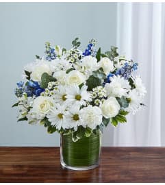 Cherished Memories™ – Blue and White. An arrangement by Blessing and Blooms Florist.