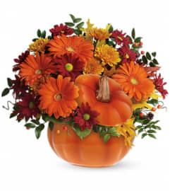 Teleflora's Country Pumpkin. An arrangement by Marivel's Florist and Gifts.