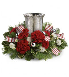 Teleflora's Holly Jolly Centerpiece. An arrangement by Pompano Beach Floral.