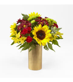 Shades of Autumn Bouquet in a Gold Vase. An arrangement by Country Cousins Flower Shop.