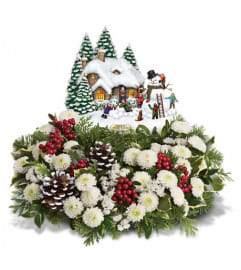 Thomas Kinkade's Snowballs and Smiles Centerpiece. An arrangement by Devine Orchid.