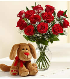 Abundant Love™ with Plush Dog. An arrangement by Blessing and Blooms Florist.
