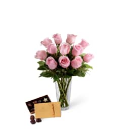 The FTD® Pink Rose and Godiva® Bouquet. An arrangement by Cal's Grower Direct.