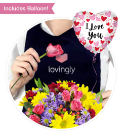 Love Bundle - Florist Choice with Love Balloon. An arrangement by Jane's Floral Dreams.