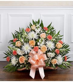 Thoughts and Prayers™ Peach, Orange and White Fireside Basket. An arrangement by Blessing and Blooms Florist.