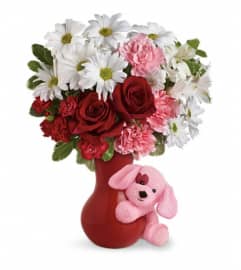 Send A Hug™ Puppy Love Bouquet with Red Roses. An arrangement by Pompano Beach Floral.