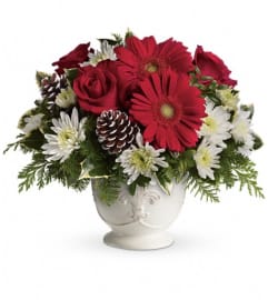 Teleflora's Simply Merry Centerpiece. An arrangement by Pompano Beach Floral.