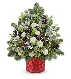 The Teleflora's Winter Whisper Tree. An arrangement by Marivel's Florist and Gifts.