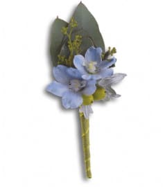Hero's Blue Boutonniere. An arrangement by Devine Orchid.