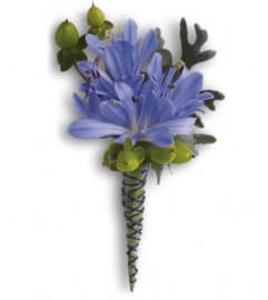 Bold and Blue Boutonniere. An arrangement by Devine Orchid.