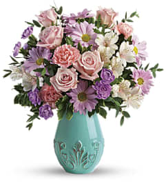 Teleflora's Blushing Aqua Bouquet. An arrangement by Sunrise Greenery.