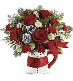 Send a Hug Snowman Mug Bouquet by Teleflora. An arrangement by GardeLina Flowers.