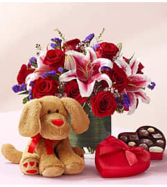 Everlasting Love™ with Plush Dog. An arrangement by Blessing and Blooms Florist.