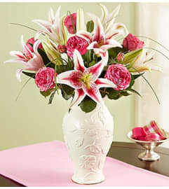Garden Rose and Lily Bouquet in Lenox®. An arrangement by Blessing and Blooms Florist.