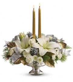 Teleflora's Silver And Gold Centerpiece. An arrangement by Pompano Beach Floral.