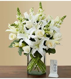 White Sympathy Bouquet with Memory Plaque. An arrangement by Graceland Florist.
