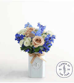 Honey Bee Buzz Delphinium Bouquet. An arrangement by Sicola's Florist.