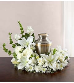 Cremation Wreath - All White. An arrangement by Graceland Florist.