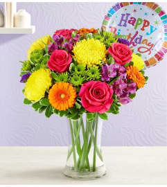 Fields of Europe® Celebration XL with Happy Birthday Balloon. An arrangement by Lovingly Charlotte.