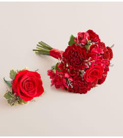The Prom Bouquet and Boutonniere - Red and Burgundy. An arrangement by Flowers of Jacksonville.