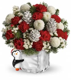 Teleflora's Merry Penguin Send a Hug. An arrangement by Pompano Beach Floral.
