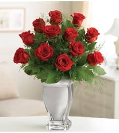 12 Red Premium Long Stem Roses in Silver Vase. An arrangement by Blessing and Blooms Florist.
