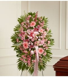 Pink Sympathy Standing Spray. An arrangement by Blessing and Blooms Florist.