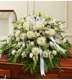 Cherished Memories Half Casket Cover - White. An arrangement by Blessing and Blooms Florist.